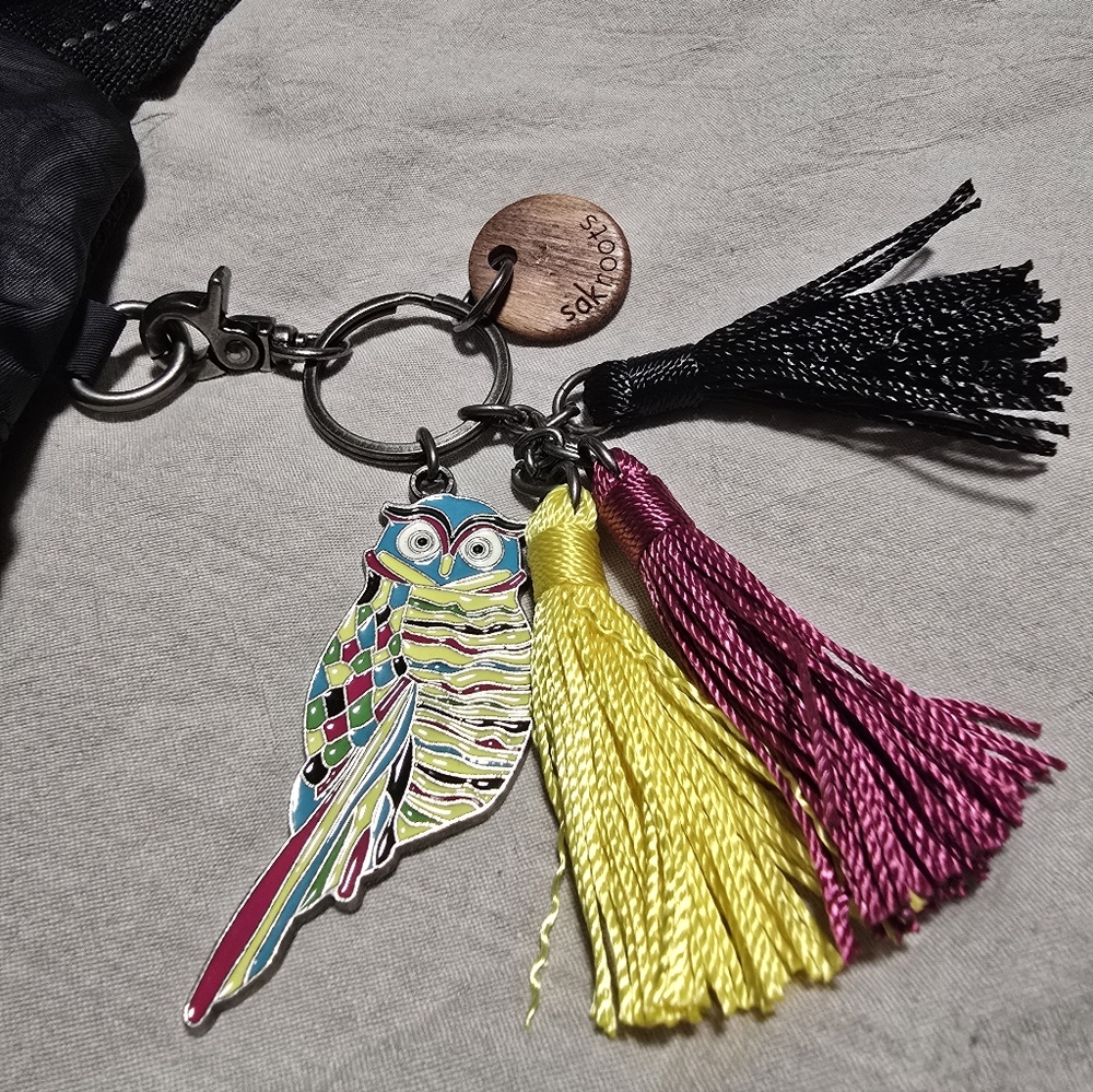 Sakroots Dark Gray Patterned Crossbody Sling Bag with Multicolor Tassel - Picture 3 of 7